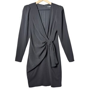 Badgley Mischka Womens V-Neck Black Gathered Wrap Belted Dress Zip Sleeve Size 4